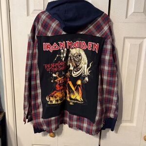 Iron Maiden Back Upcycled Graphic Tee & Hooded Flannel - Size Men's 2XL